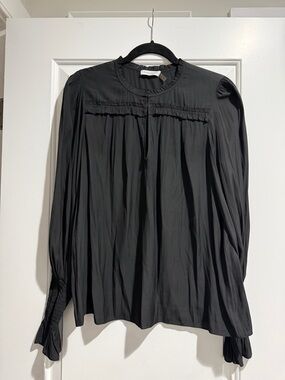 Ramy Brook Black Long-Sleeve Ruffled Yoke Women's Top with smocked sleeves